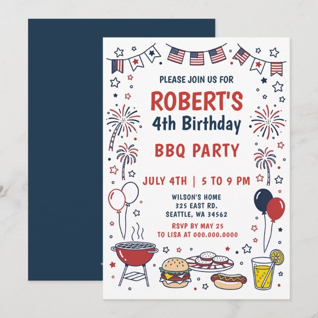 Doodle Hand Drawn July 4th BBQ Birthday Party  Einladung (Vorne/Hinten)
