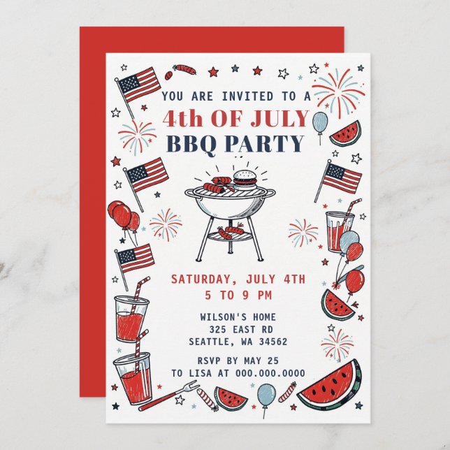 Doodle Hand Drawn July 4th BBQ Holiday Party  Einladung (Vorne/Hinten)