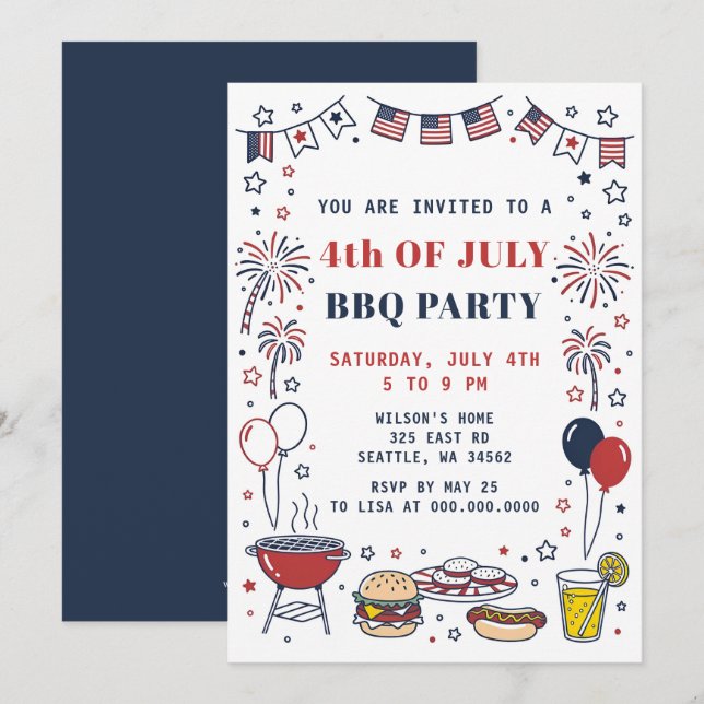Doodle Hand Drawn July 4th BBQ Holiday Party  Einladung (Vorne/Hinten)