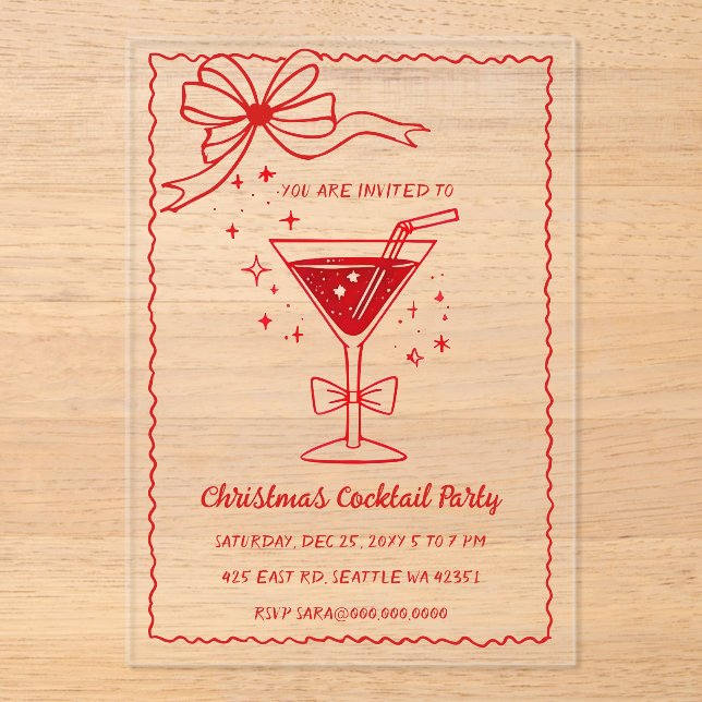 Doodle Hand drawn Pink Red Bow Christmas Cocktails Acryleinladungen (Vorderseite)