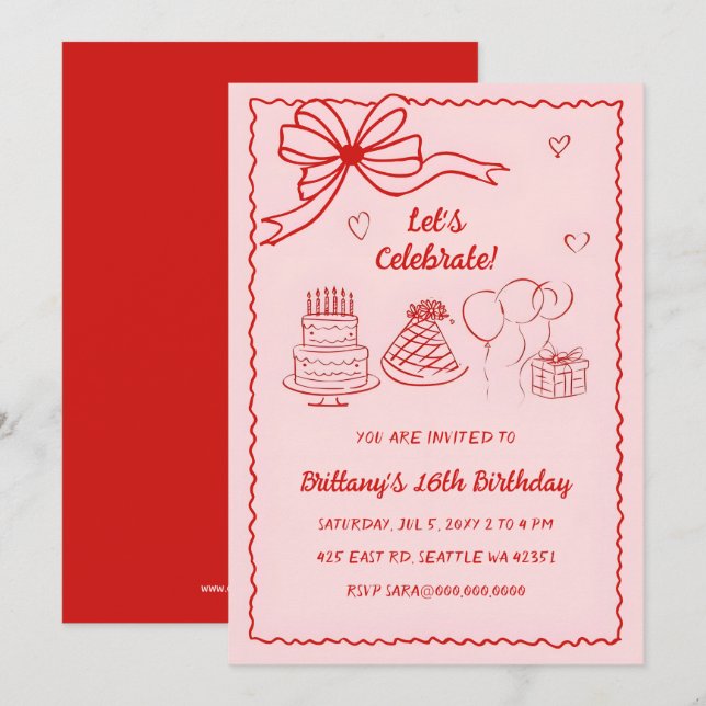 Doodle Hand gezeichnet Rosa Coquette Bow Geburtsta Einladung (Vorne/Hinten)
