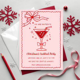 Doodle Hand gezeichnet Rosa Red Bow Weihnachtscock Einladung