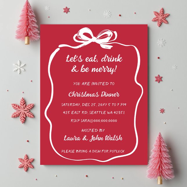 Doodle Hand gezeichnetes Red White Bow Weihnachtsg Einladung (Doodle Hand drawn Red White Bow Christmas Party Invitation)