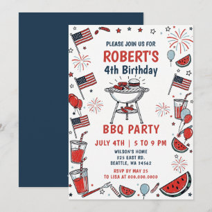 Doodle-Handzeichnung 4. Juli BBQ-Geburtstagsfeier Einladung