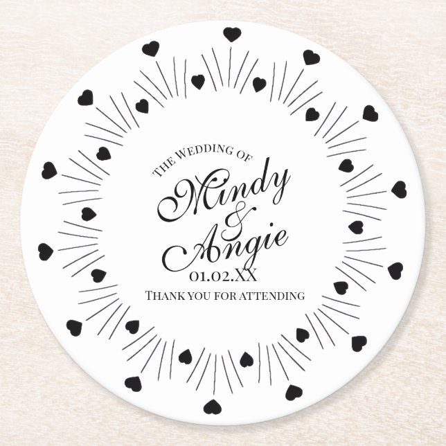 Doodle Hearts Frame Script Wedding Runder Pappuntersetzer (Vorderseite)