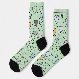 Doodle Hearts on Light Green with Text Socken