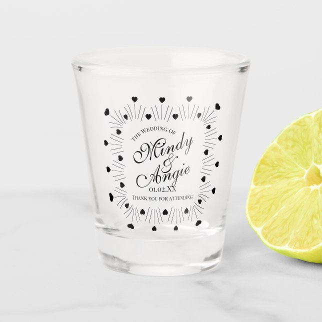 Doodle-Herzen Rahmen Skript Hochzeit Schnapsglas (Vorderseite)