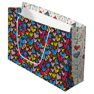Doodle-Herzen & Winterbäume Große Geschenktasche Geschenktüte