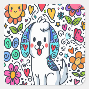 Doodle Hund, Blume, Herz und Schmetterlinge Quadratischer Aufkleber
