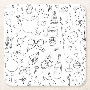 Doodle Illustrationen Hochzeiten in Schwarz und We Rechteckiger Pappuntersetzer