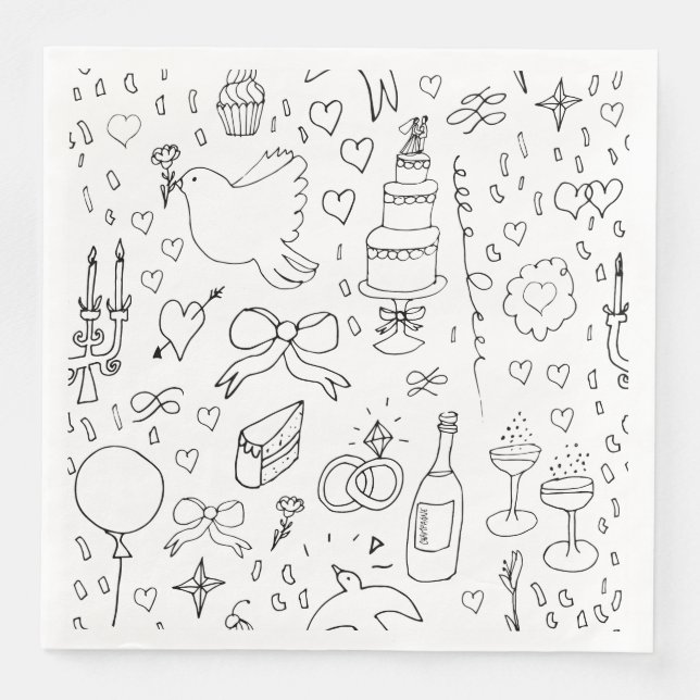 Doodle Illustrationen Hochzeiten in Schwarz und We Serviette (Vorderseite)