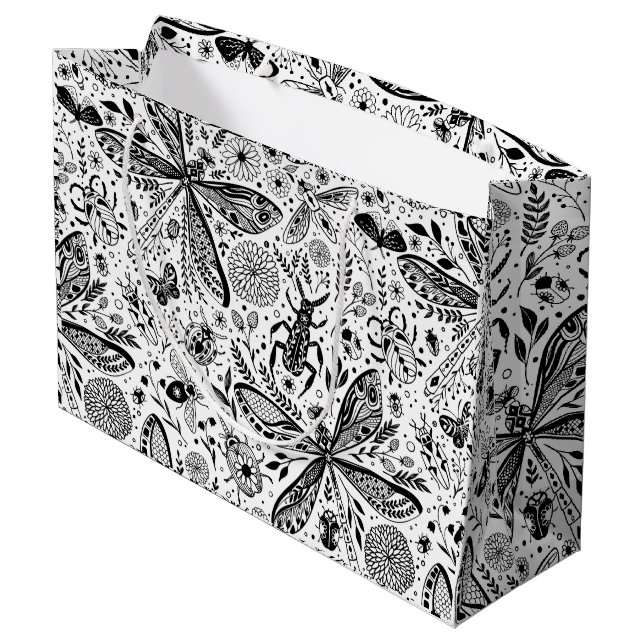 Doodle-Käfer auf dunkelblau Große Geschenktüte (Rückseite Schrägansicht)