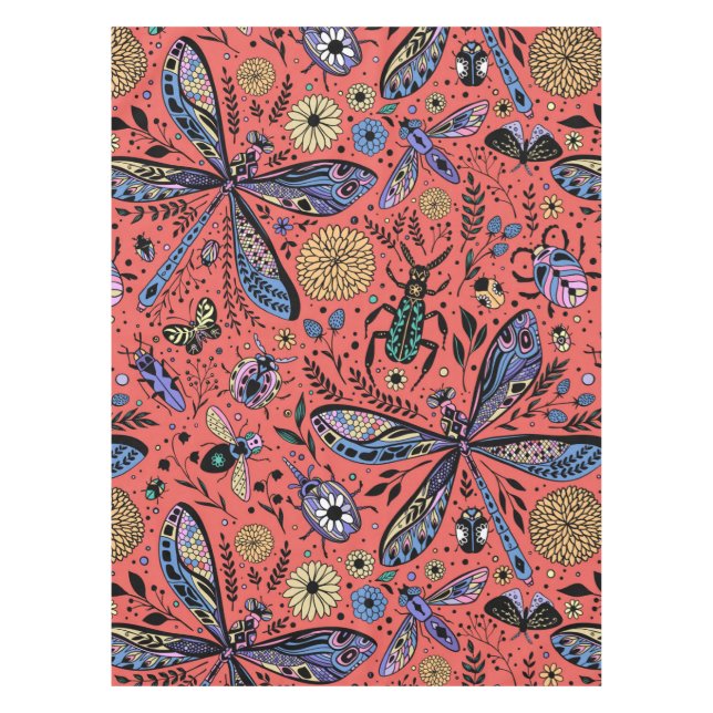 Doodle-Käfer auf Korallenrot Tischdecke (Vorderseite)