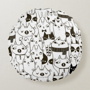 Doodle Katzen: lustiges, nahtloses Muster. Rundes Kissen