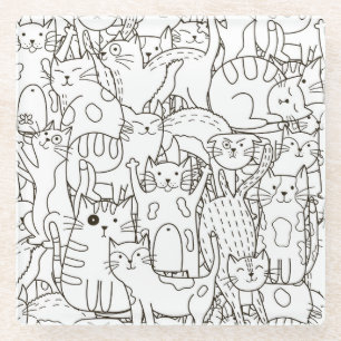 Doodle Katzen: schwarz-weiß. Glasuntersetzer