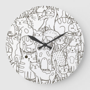 Doodle Katzen: schwarz-weiß. Große Wanduhr