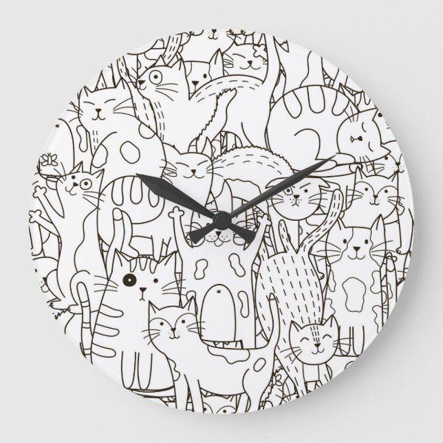 Doodle Katzen: schwarz-weiß. Große Wanduhr (Vorderseite)