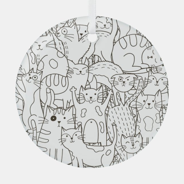 Doodle Katzen: schwarz-weiß. Ornament Aus Glas (Vorderseite)