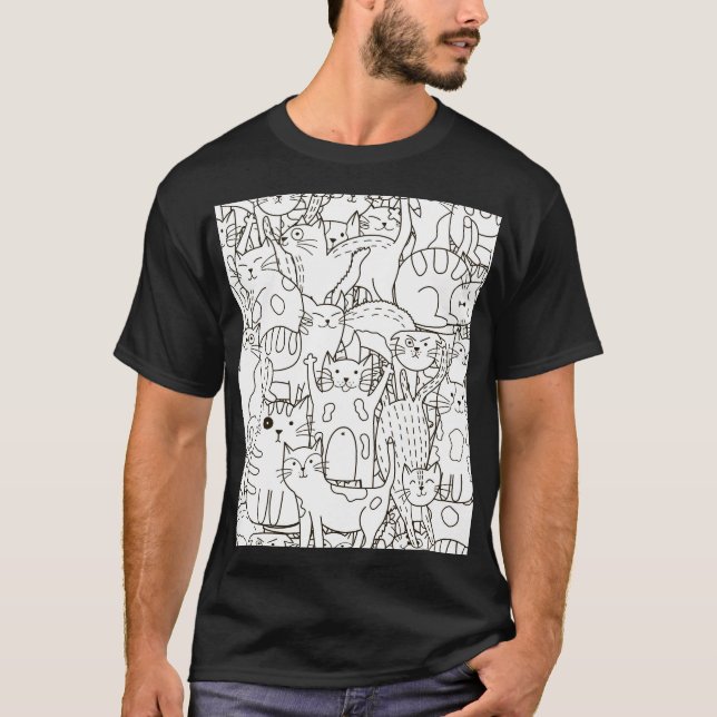 Doodle Katzen: schwarz-weiß. T-Shirt (Vorderseite)