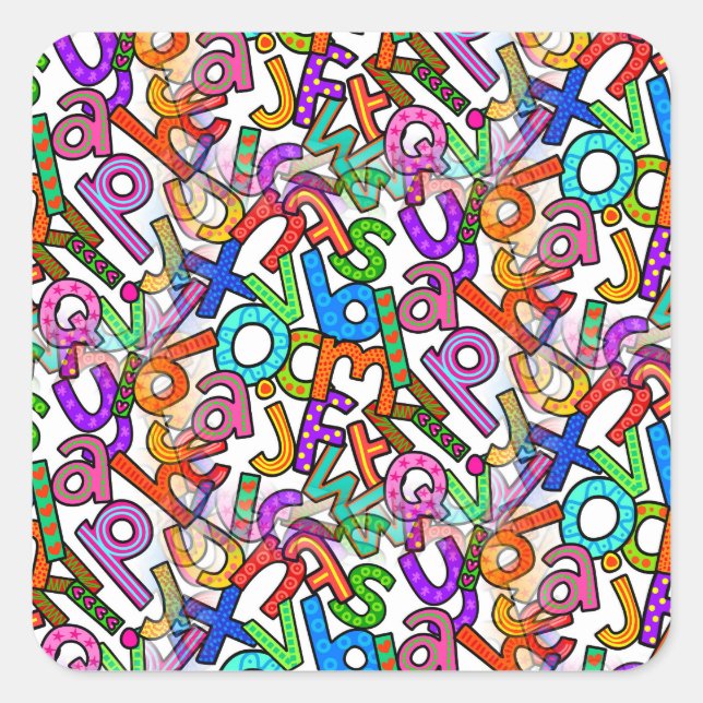 Doodle Kleinbuchstaben-Alphabetmuster Quadratischer Aufkleber (Vorderseite)