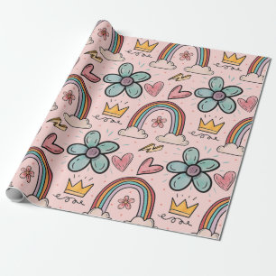 Doodle-Krone, Regenbogen, Blumen, Pfirsich-Aquarel Geschenkpapier