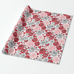 Doodle-Kunststil rote rosa Rosen Herzen Valentinst Geschenkpapier