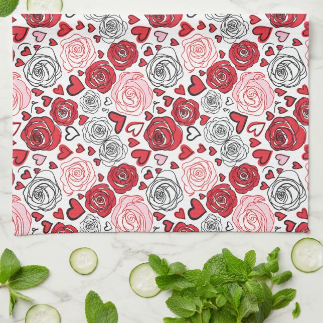 Doodle-Kunststil rote rosa Rosen Herzen Valentinst Geschirrtuch (Gefaltet)