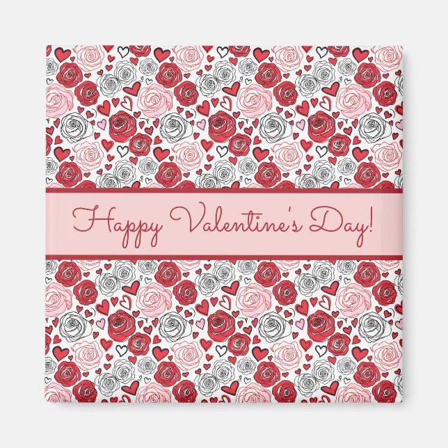 Doodle-Kunststil rote rosa Rosen Herzen Valentinst Magnet (Vorne)