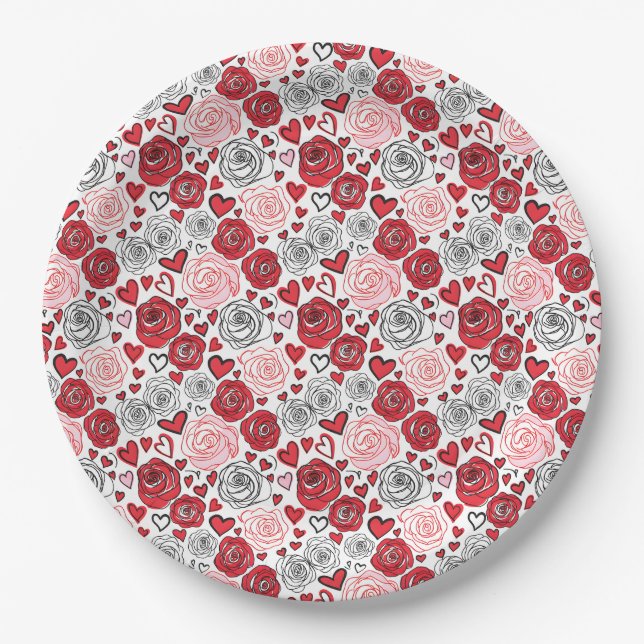 Doodle-Kunststil rote rosa Rosen Herzen Valentinst Pappteller (Vorderseite)