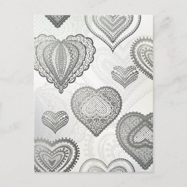 Doodle & lace grey hearts postkarte (Vorderseite)