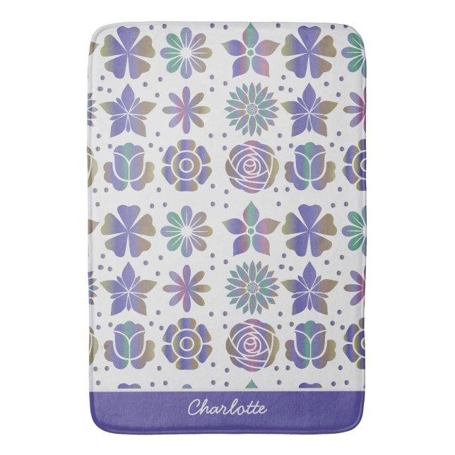 Doodle lila Blumenmuster personalisierter Name Badematte (Vorderseite Vertikal)