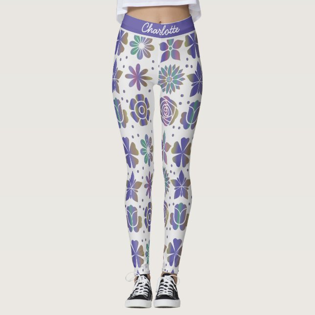 Doodle lila Blumenmuster personalisierter Name Leggings (Vorderseite)