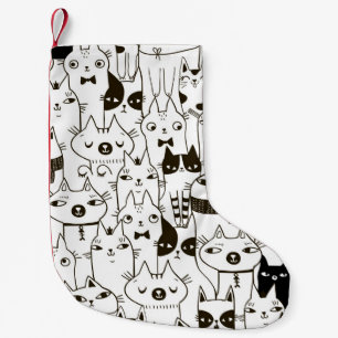 Doodle lustige Katzen nahtloses Muster.  Kleiner Weihnachtsstrumpf