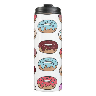 Doodle mehrfarbiger Donuts Hintergrund. Thermosbecher