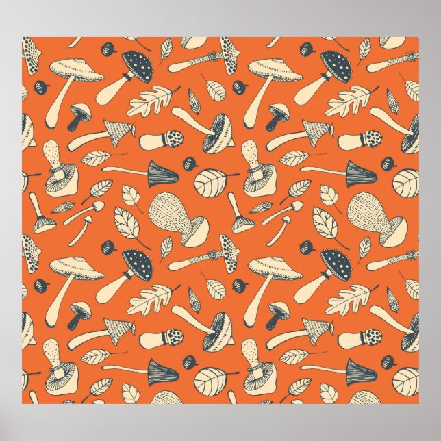 Doodle Mushroom Vintag Nahtloses Wallpaper Poster (Vorne)