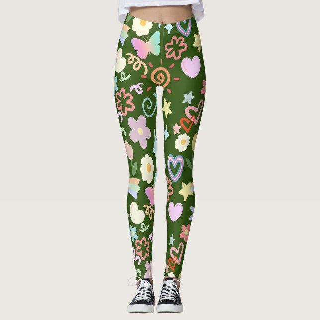 Doodle-Muster pastellfarben D Green BG Leggings (Vorderseite)