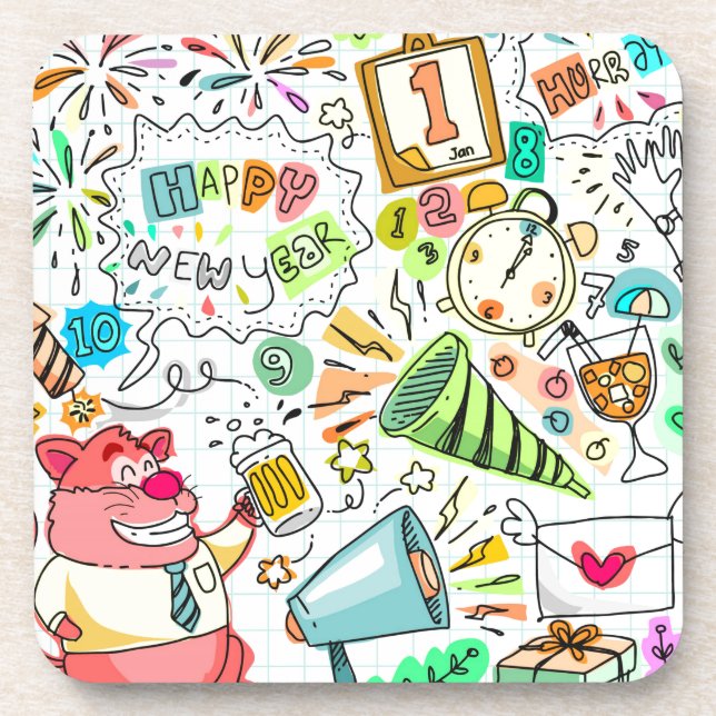 Doodle-Neujahr-Party Untersetzer (Vorderseite)