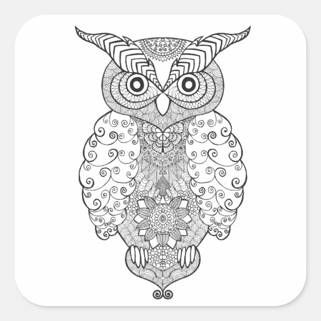 Doodle Owl Quadratischer Aufkleber (Vorderseite)