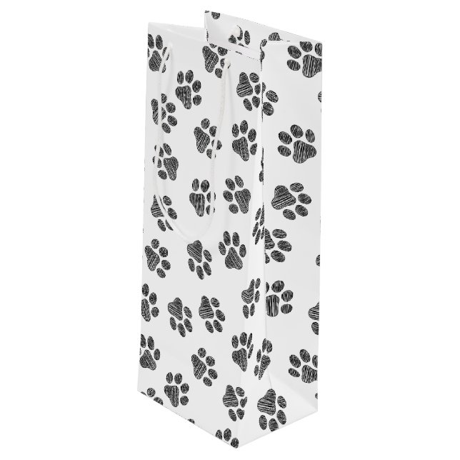 Doodle Paws, Dog Paws, Black Paws Geschenktüte Für Weinflaschen (Rückseite Schrägansicht)