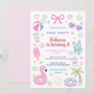 Doodle-Poolparty rosa Mädchen Tween-Teen Geburtsta Einladung