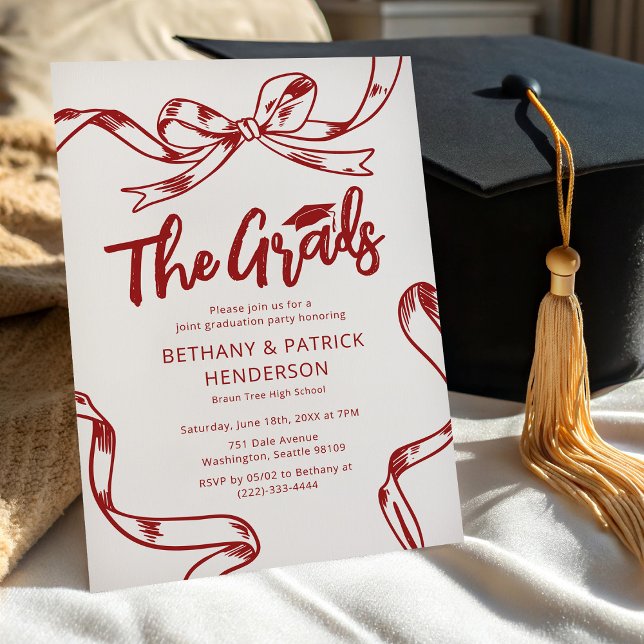 Doodle Red Bow Joint Graduation Party Einladung (Von Creator hochgeladen)