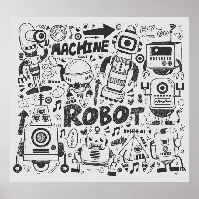 Doodle Robot Illustrator Zeichnend Poster (Vorne)