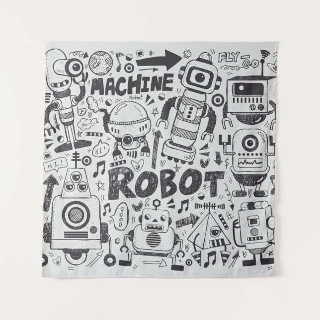 Doodle Robot Illustrator Zeichnend Wandteppich (Vorderseite)