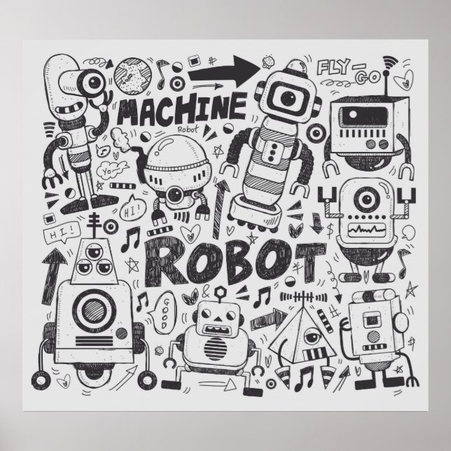 Doodle-Roboter-Element, Illustrator-Linie Werkzeug Poster (Vorne)