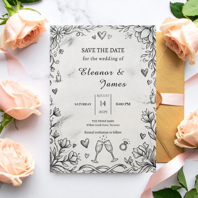 Doodle Romantische Rustikale Handgezeichnete Hochz Save The Date (Von Creator hochgeladen)