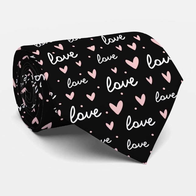Doodle rosa Herz Liebe Muster schwarzer Hintergrun Krawatte (Gerollt)