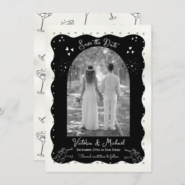 Doodle Sketch Cherub Funky Save the Date Arch Einladung (Vorne/Hinten)