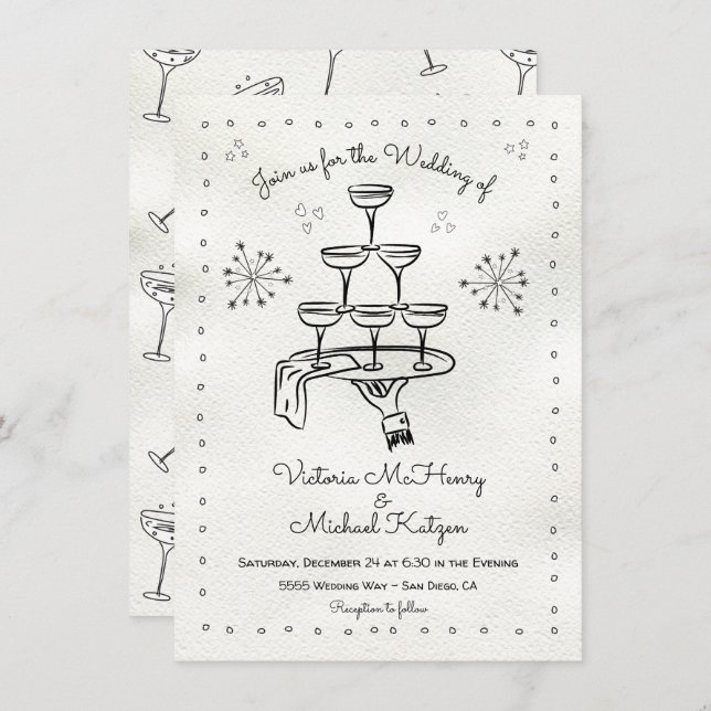 Doodle Sketch Funky Champagne Wedding Einladung (Vorne/Hinten)