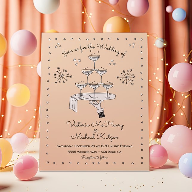 Doodle Sketch Funky Champagne Wedding Einladung (Von Creator hochgeladen)