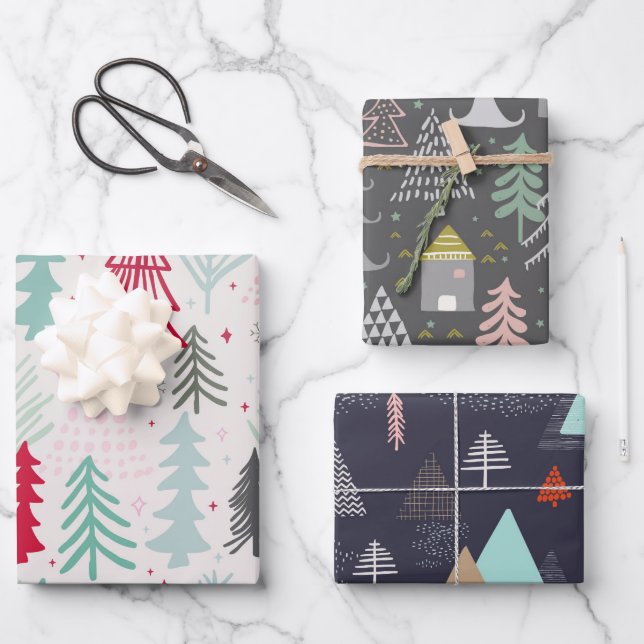 Doodle Sketch Skandi Weihnachtsbaumen Set von 3 Geschenkpapier Set (Vorderseite)